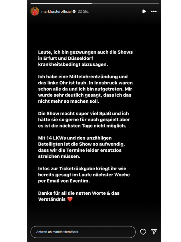 Mark Forster verkündet die traurige Nachricht auf Instagram.