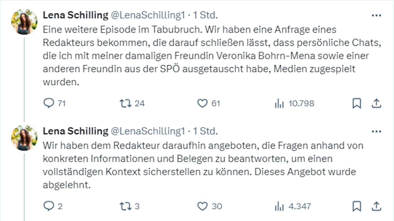 Lena Schilling reagierte kurz nach Veröffentlichung der neuen Vorwürfe auf X.