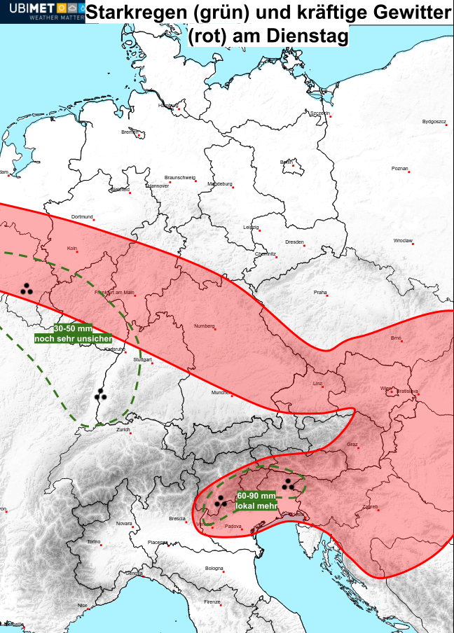 Eine Gewitter-Walze rollt am Dienstag über Österreich.