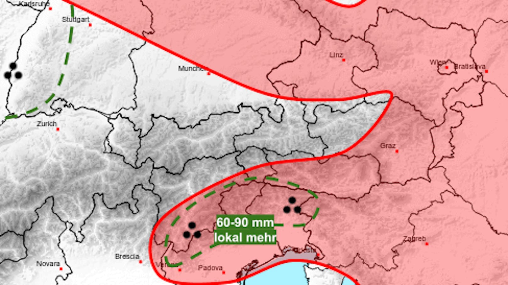 Die Abendprognose vom frühen Nachmittag: In diesen Regionen drohen Starkregen (grün) und kräftige Gewitter (rot).