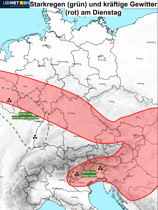 Starkregen und kräftige Gewitter am Dienstag