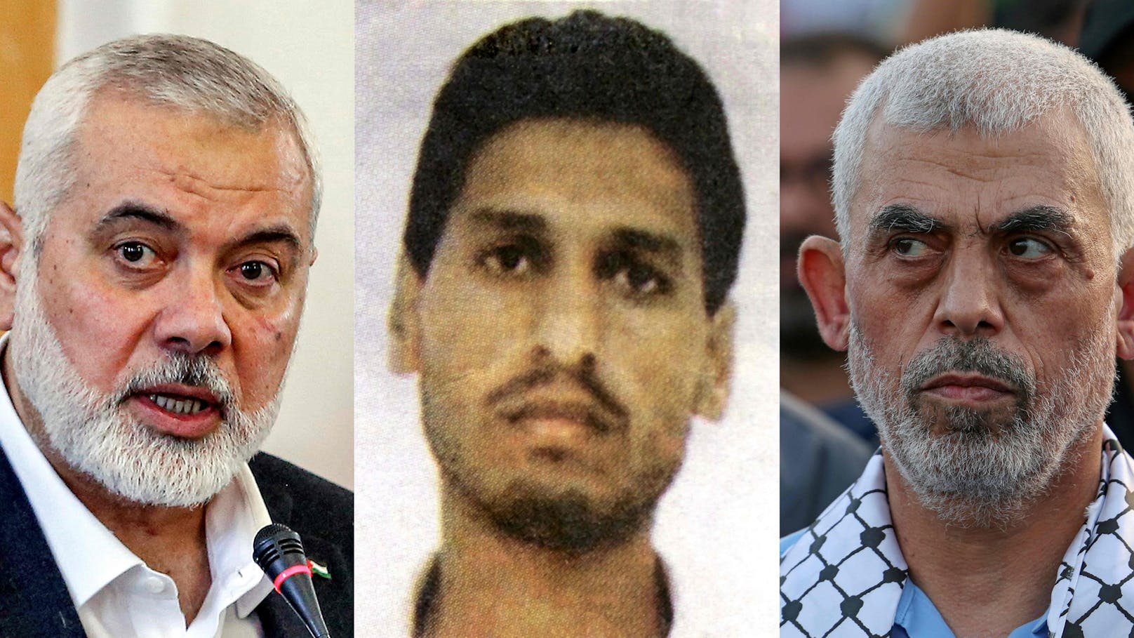Die militant-islamistische Hamas hat den Antrag des Chefanklägers am Internationalen Strafgerichtshof (Mitte im Bild) auf Haftbefehle für Ismail Haniyeh, Mohammed Deif und Yahya Sinwar (v.l.n.r.) verurteilt.