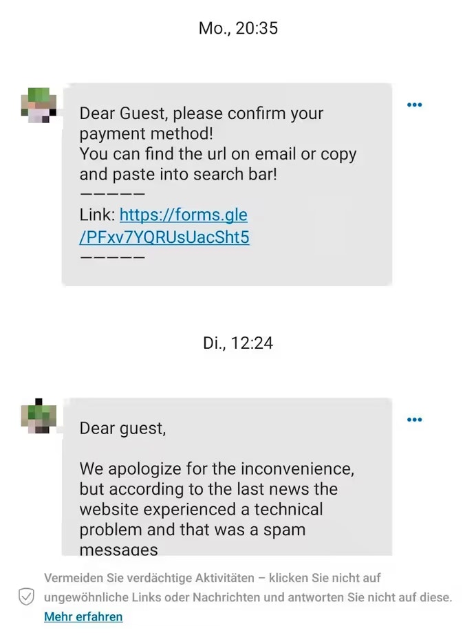 Das Hotel verschickte erst eine Nachricht mit der Aufforderung, die Zahlungsmethode zu bestätigen. Einen Tag später meldete es «technische Probleme» und stellte klar, dass es sich um «Spam» handle.