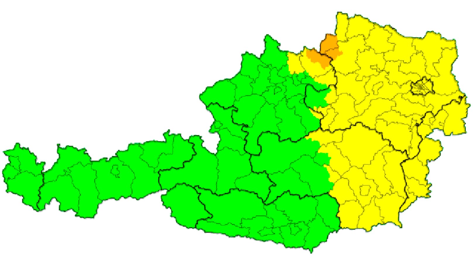 Gewitter &amp; Hagel: Die aktuellen Vorwarnungen (gelb) für Österreich. Stand 10 Uhr.