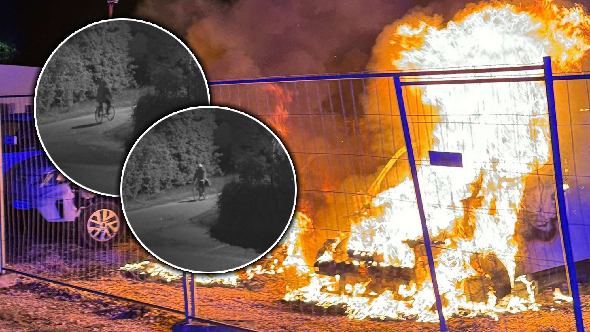Mehrere elektrische Pkws brannten auf einem Gelände komplett aus – ein Radler war vor dem Vollbrand mehrmals in der Nähe.