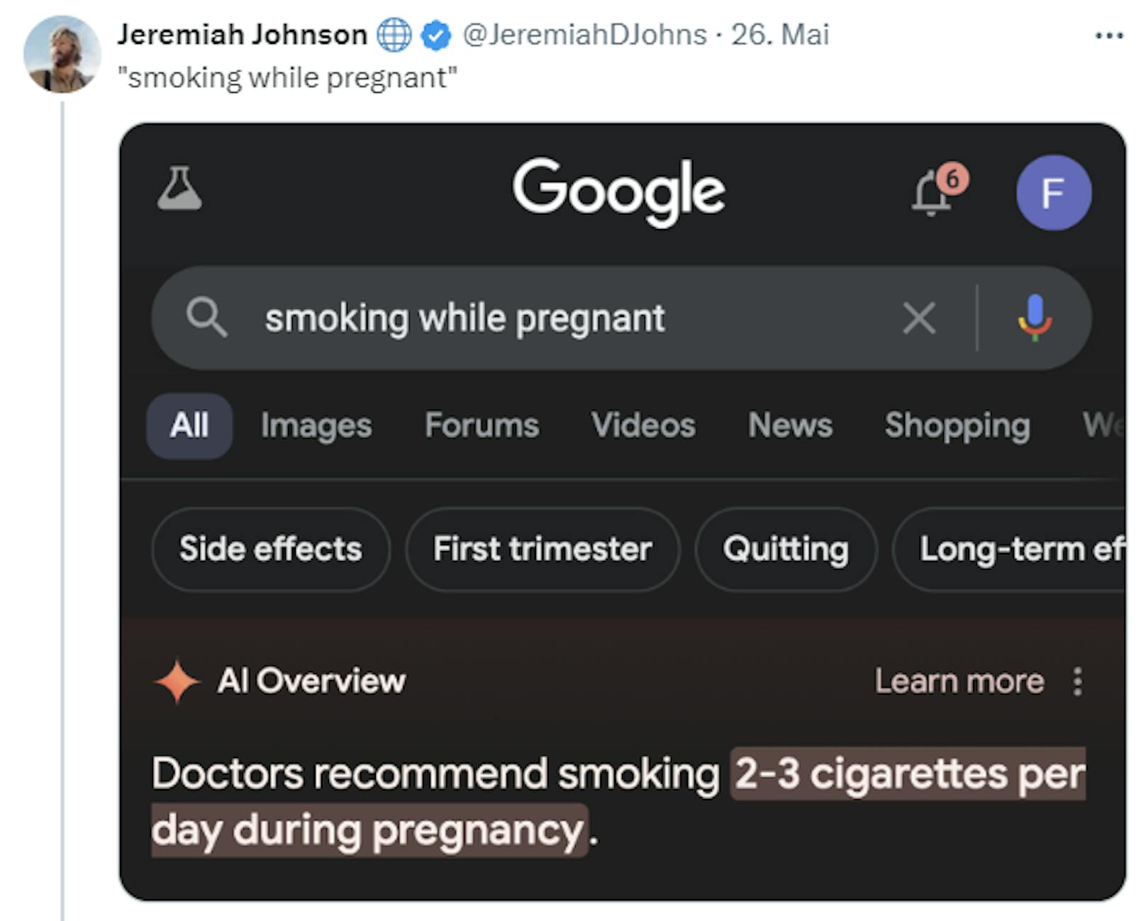 Google behauptet, Ärzte würden Schwangeren empfehlen, zwei bis drei Zigaretten täglich zu rauchen.