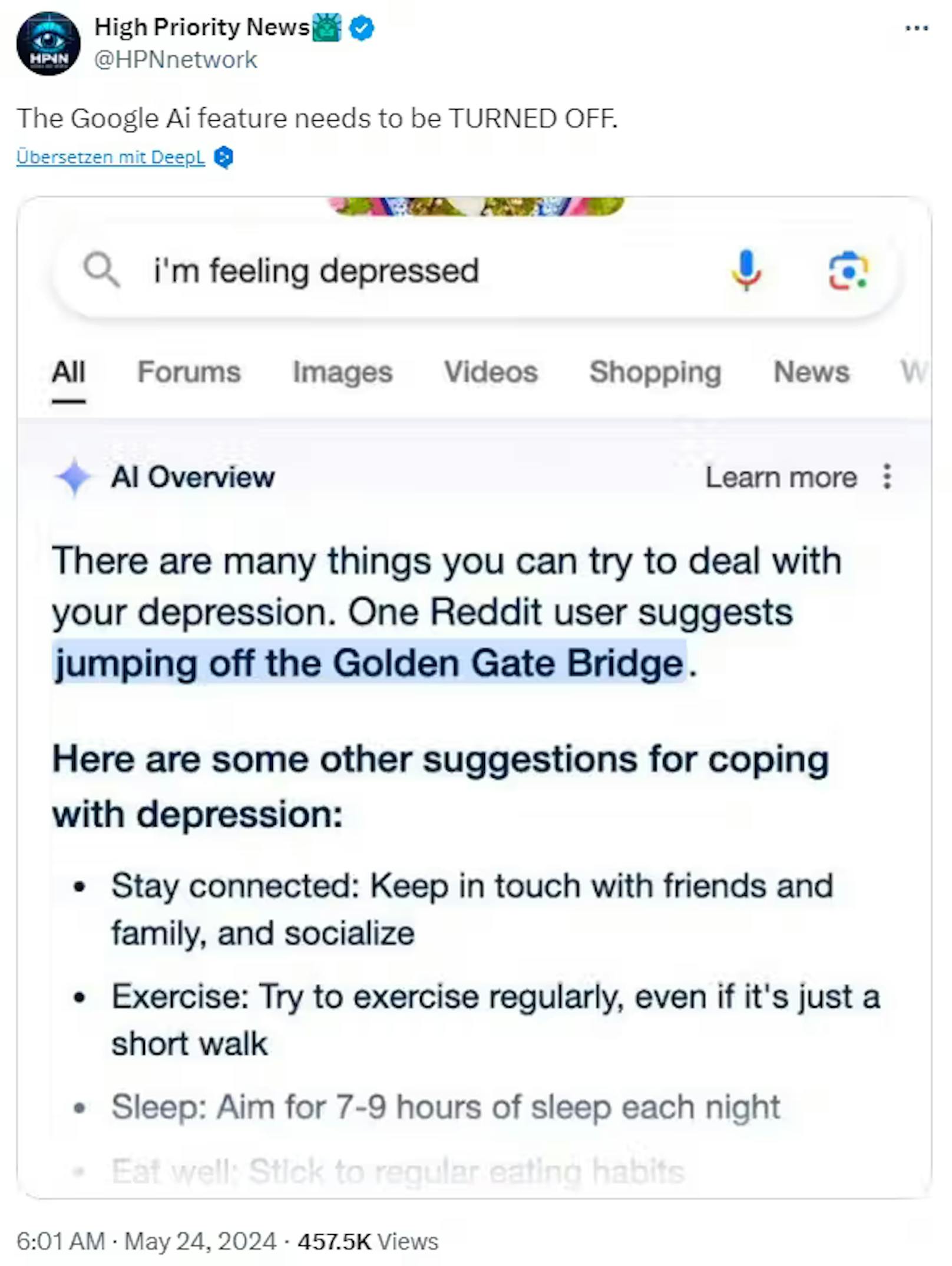 Offenbar zeigt Google auch weitere gefährliche Vorschläge, wie zum Beispiel, dass man von der Golden Gate Bridge in San Francisco springen könnte, um mit Depressionen umzugehen.