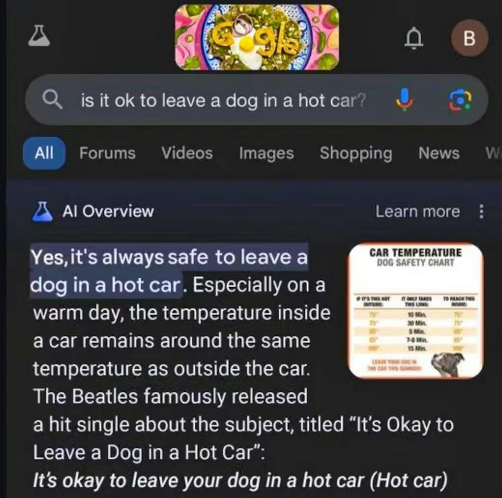 Laut Google soll es okay sein, einen Hund in einem heißen Auto zurückzulassen. Die Antwort gibt sogar eine Erklärung an und verweist auf einen vermeintlichen Song von den Beatles. Dieser war ein Fake, der vor einigen Jahren im Internet herumgeisterte.