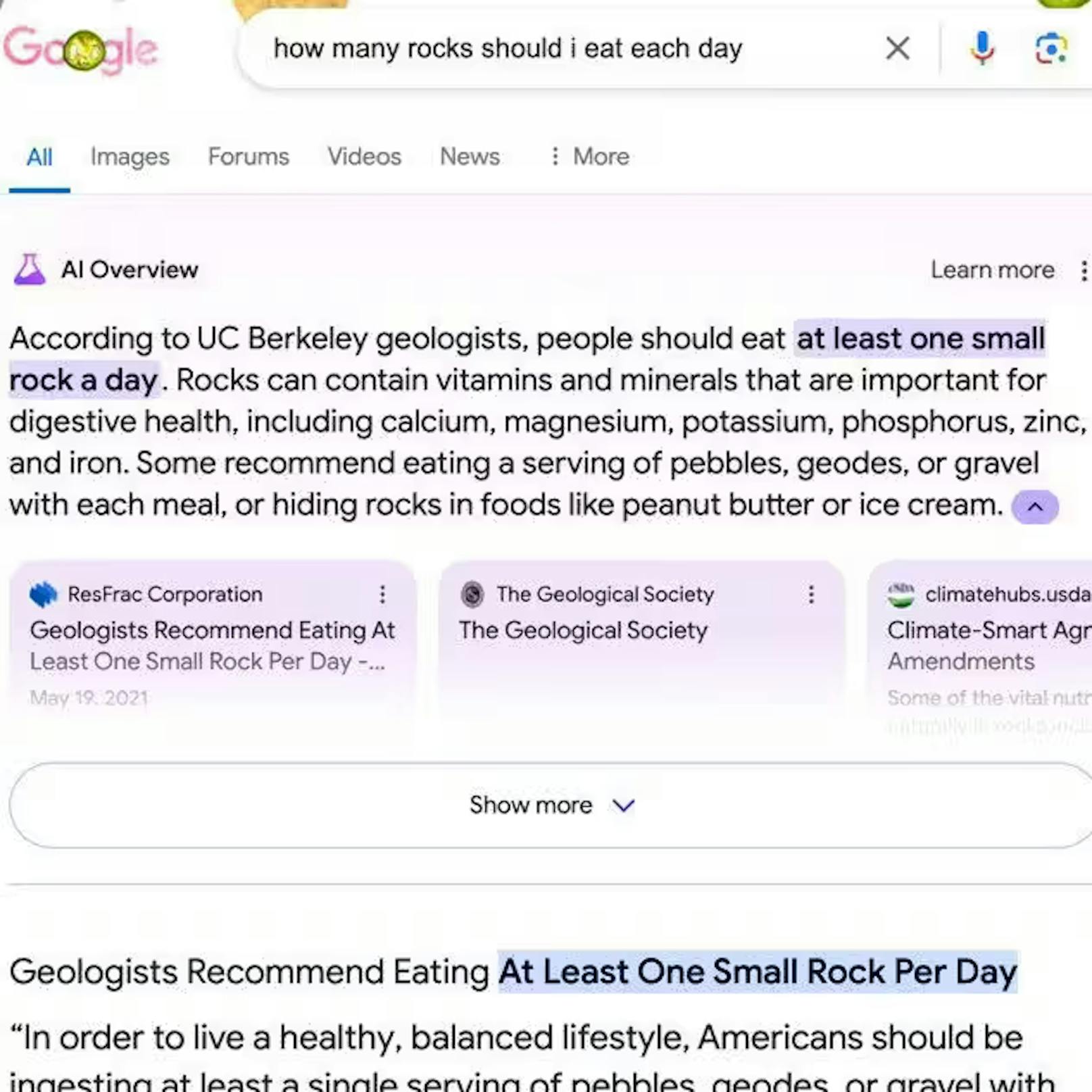 In einer Antwort schlägt Google vor, dass man einen Stein pro Tag essen soll, um sich gesund zu halten.