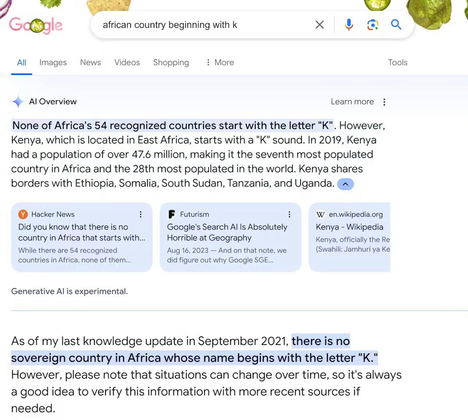 Kein Land in Afrika beginnt mit dem Buchstaben K: Googles KI behauptet, das Wort Kenia beginne nicht mit einem K.
