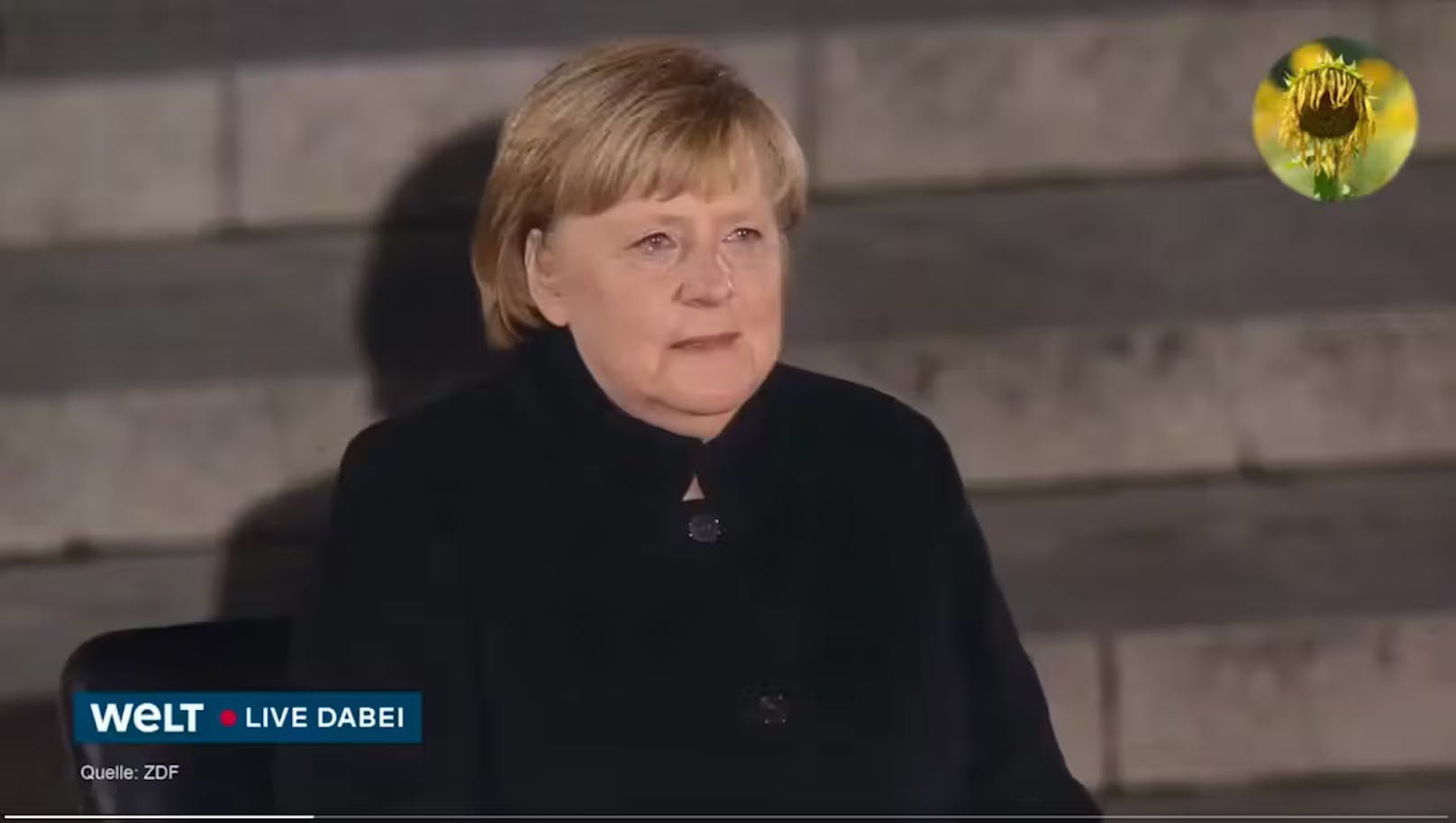 Weiteres Beispiel: Dieser Blick auf Angela Merkel taucht ebenfalls sowohl im manipulierten Video (Minute 00:26) ...