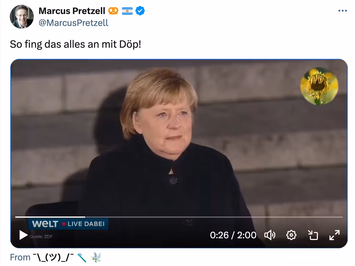 Auf der Plattform X (ehemals Twitter) wird in Posts wie diesem die Behauptung verbreitet, Angela Merkel habe bei ihrer Verabschiedung vom Kanzleramt im Dezember 2021 Gigi d'Agostinos 