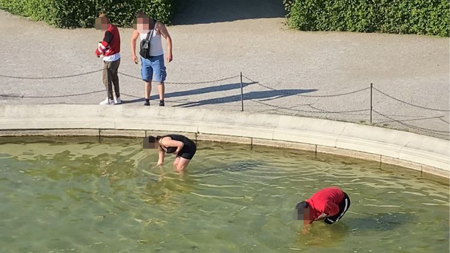 Vier Personen versammelten sich am Mittwoch direkt vor dem Muschelbrunnen in Belvedere. Sie fischten Geld aus dem Wasser.