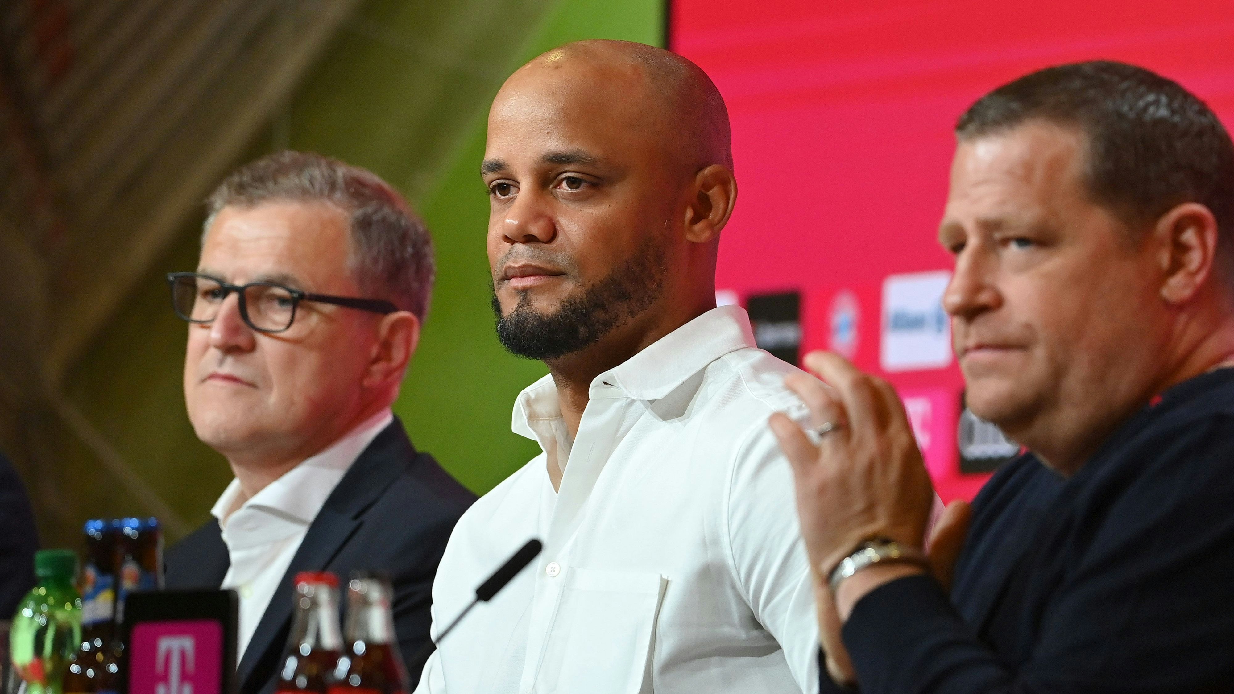 Bayern-Präsident Dreesen, Trainer Kompany und Sportvorstand Eberl.