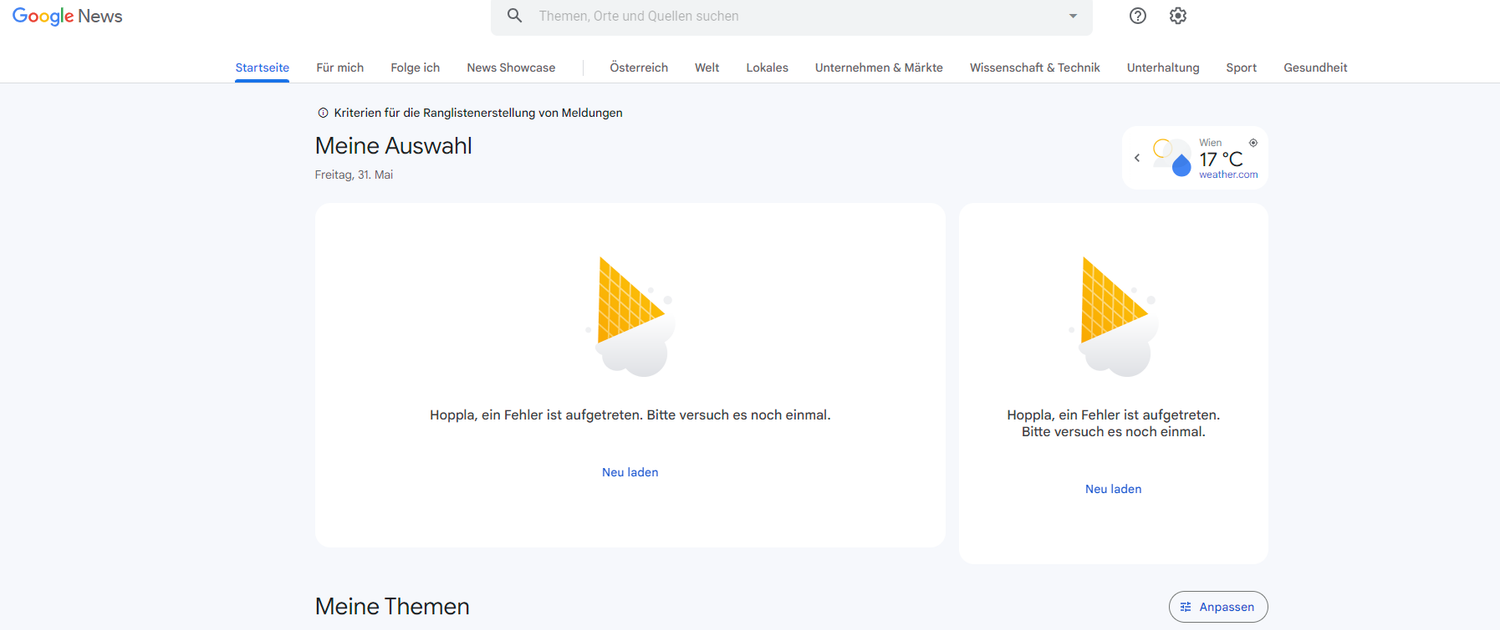 Auf Google News gab es keine Schlagzeilen, sondern nur eine Fehlermeldung.