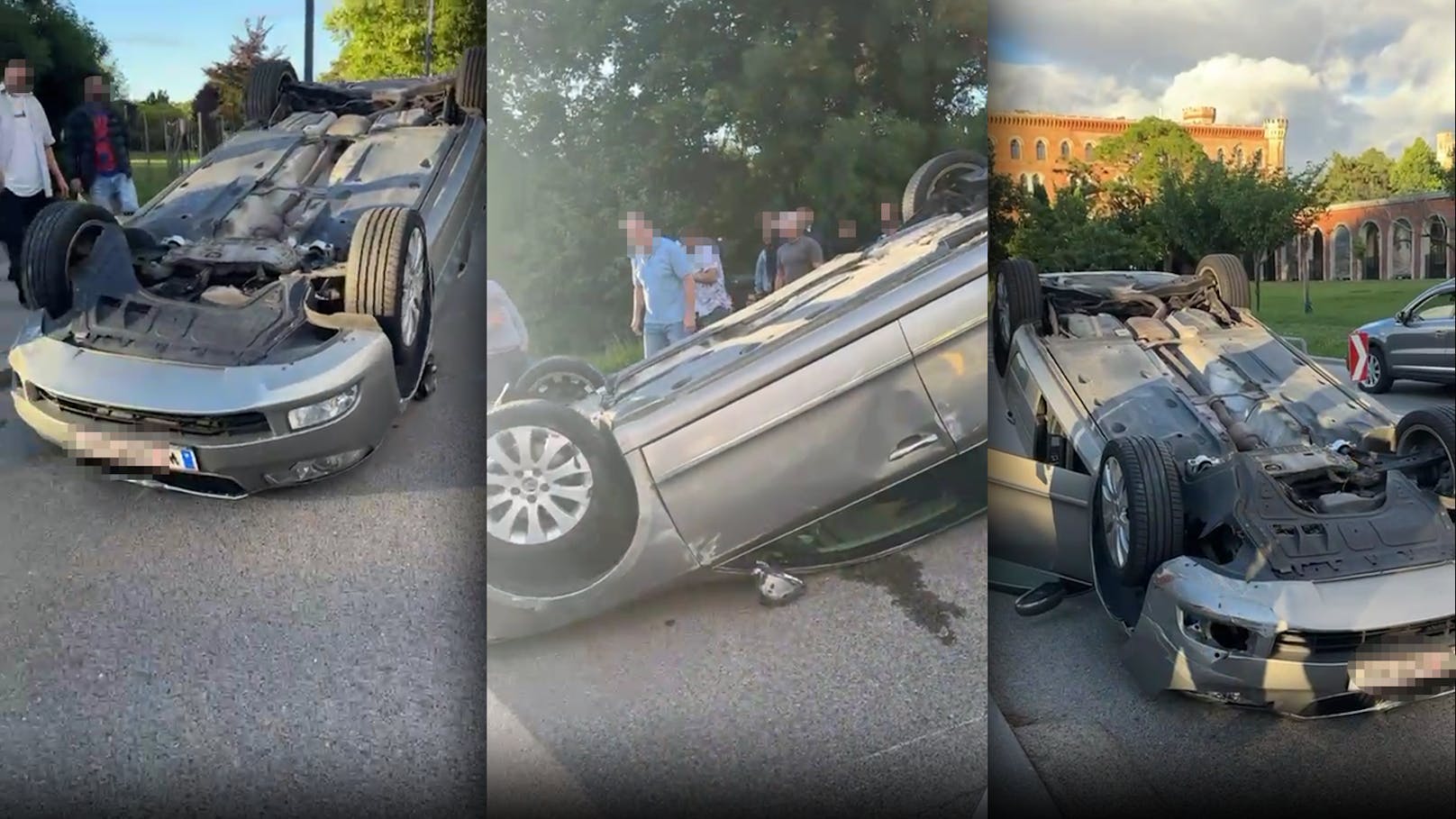 Wiener kracht gegen Betonwand, Auto landet auf dem Dach