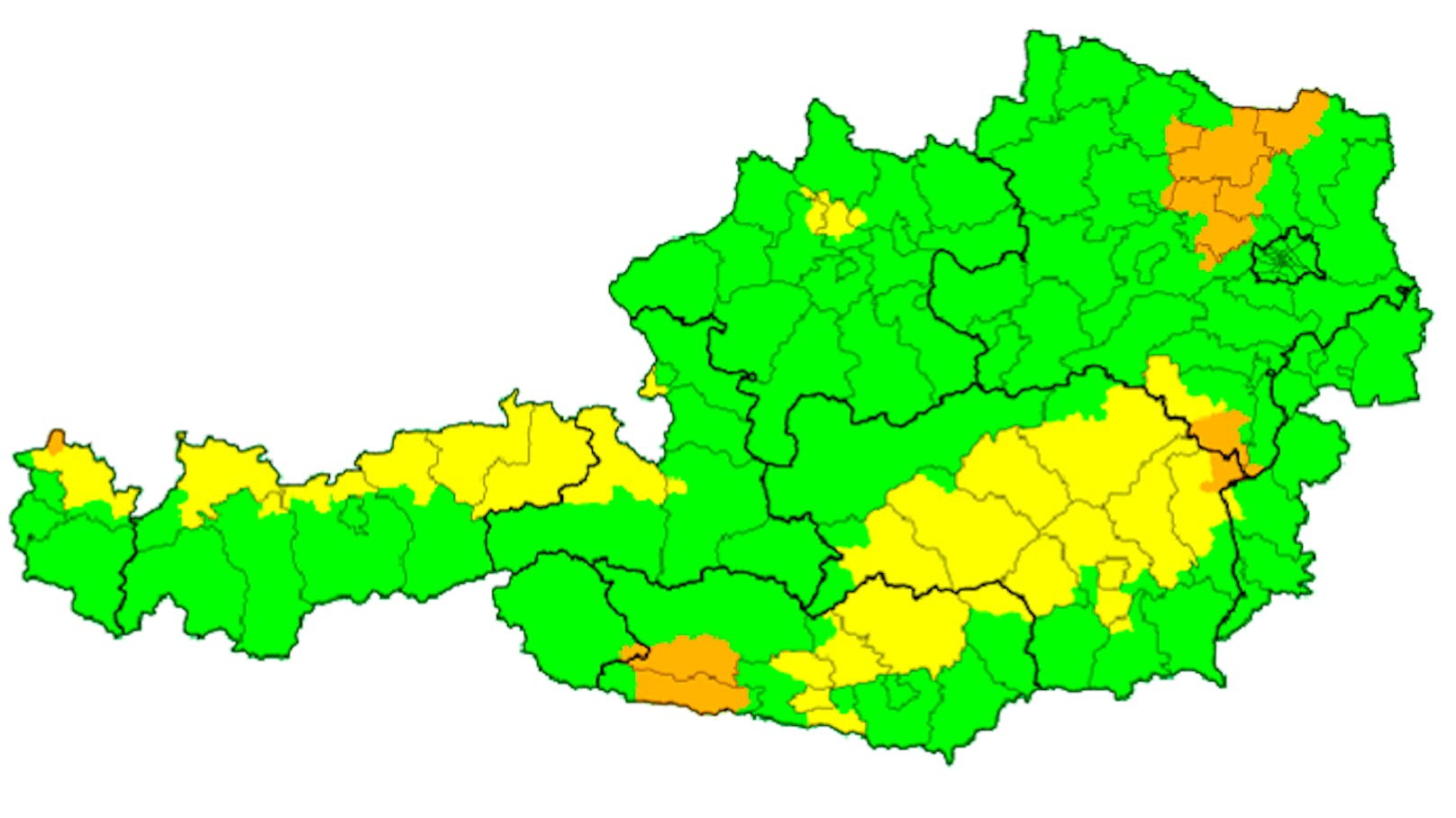 Die aktuelle Unwetterwarnungen: Vorwarnungen in Gelb, Unwetter in Orange.