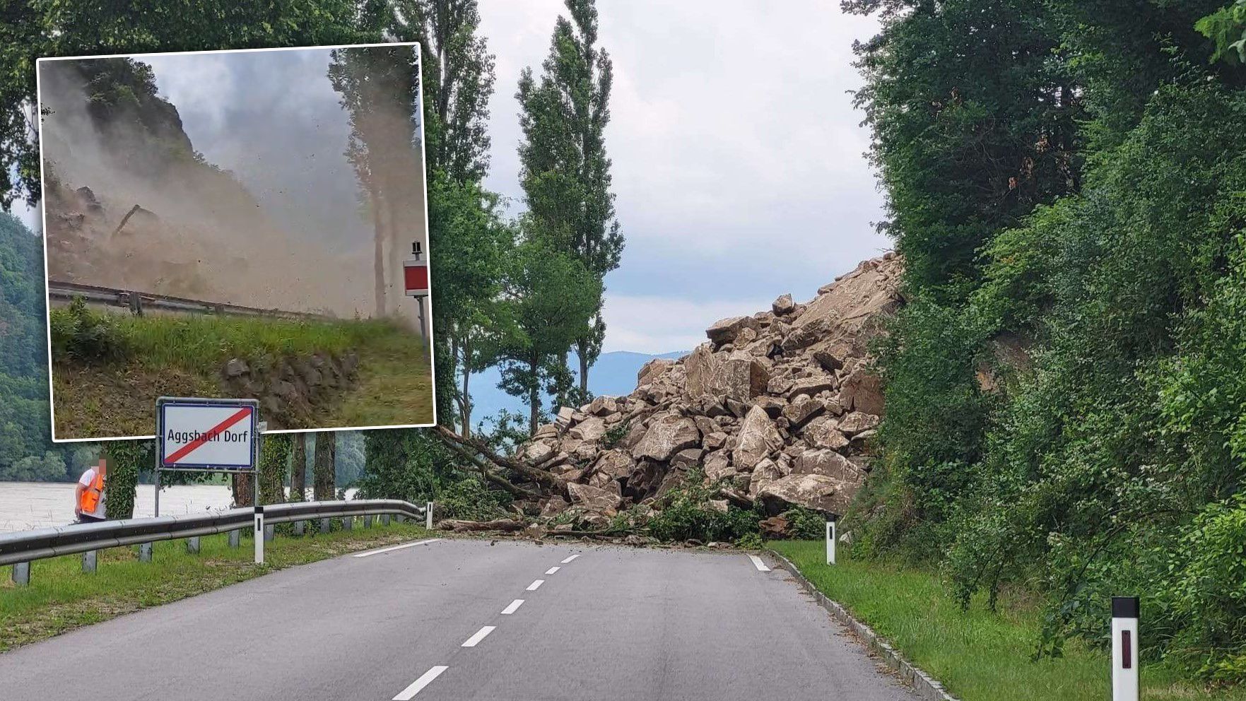 Ein Video zeigt den auf die Straße herabfallende Murenabgang.