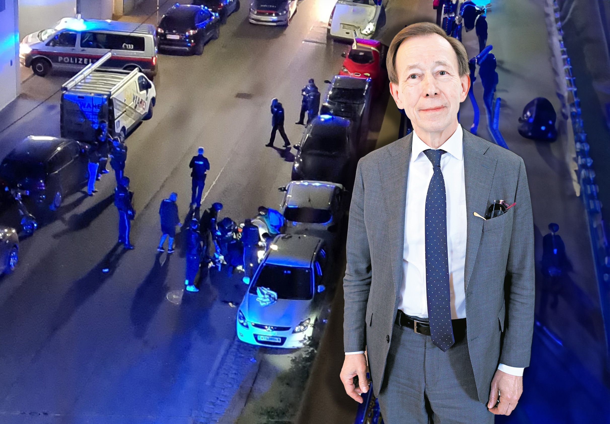 Star-Anwalt Rudi Mayer verteidigt einen der angeklagten Nordmakedonier vor Gericht. In Wien-Floridsdorf war es zu Schüssen auf offener Straße <em>(links)</em> gekommen.