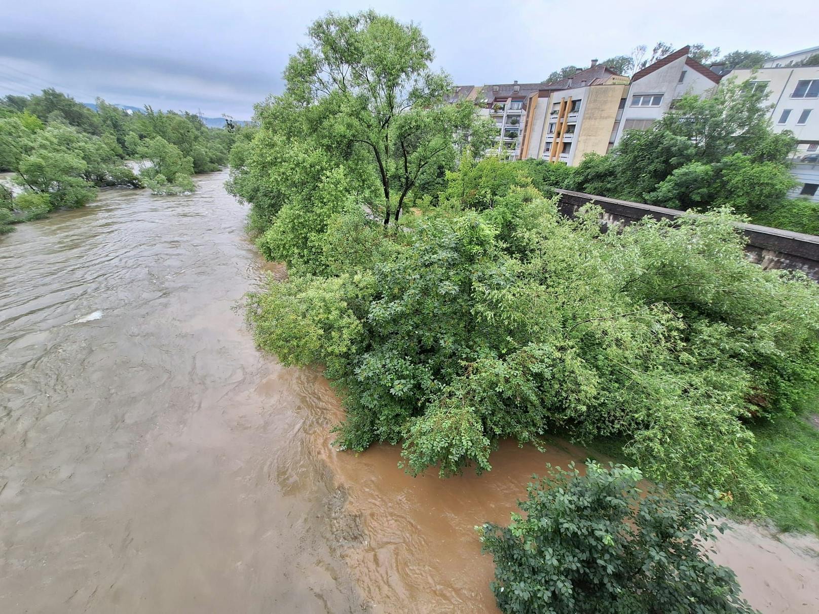 Auch die Traun in Ebelsberg ist über die Ufer getreten. 