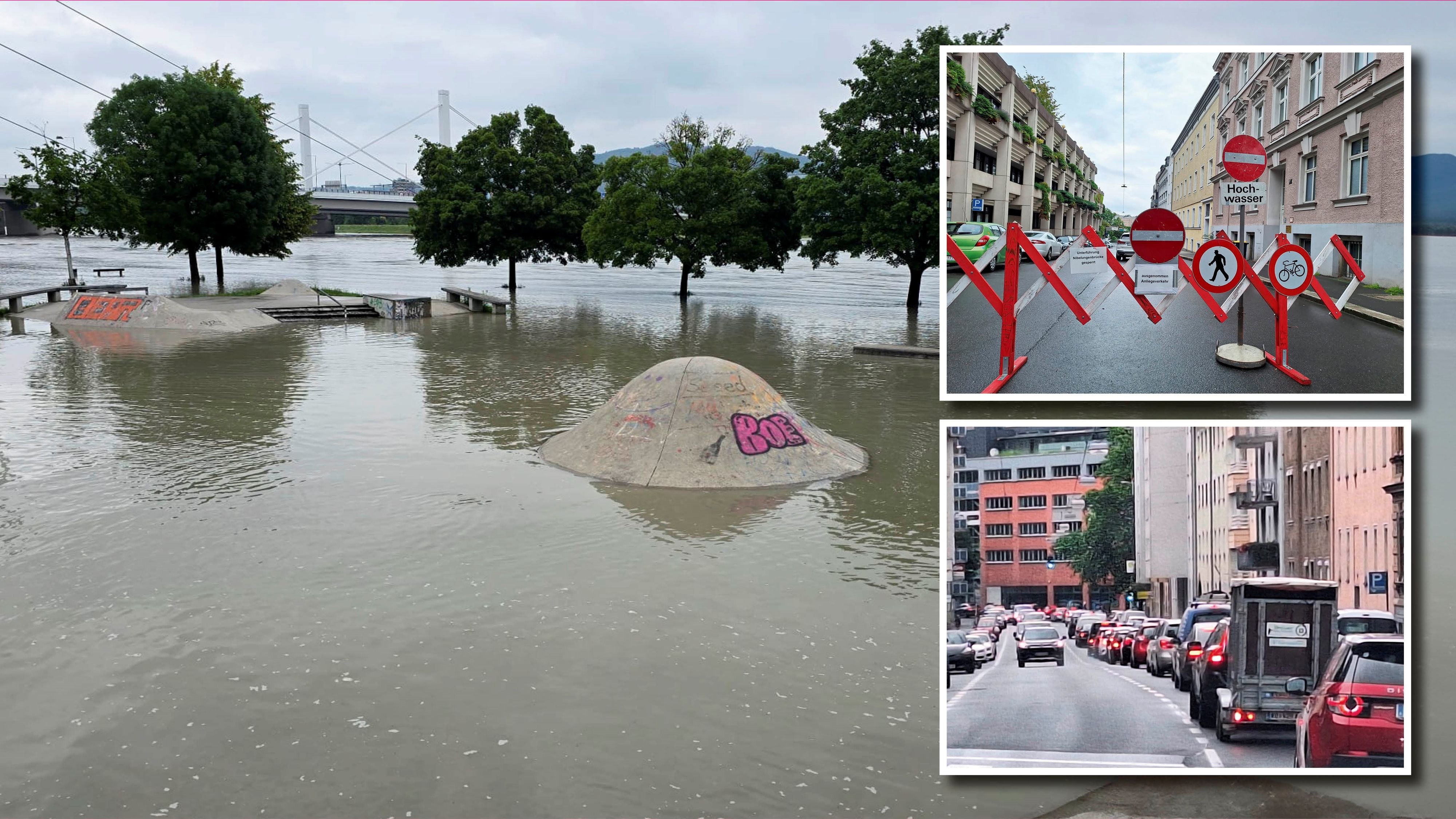 Das Hochwasser überflutete bereits den Skatepark an der Donaulände. Die Polizei sperrte zahlreiche Straßen, Staus waren die Folge.