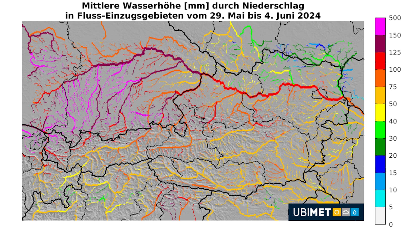 Mittlerer Niederschlag im Einzugsgebiet flussaufwärts (für jeden Punkt entlang der Flussläufe wurde berechnet, wie viel Niederschlag stromaufwärts pro Flächeneinheit gefallen ist)