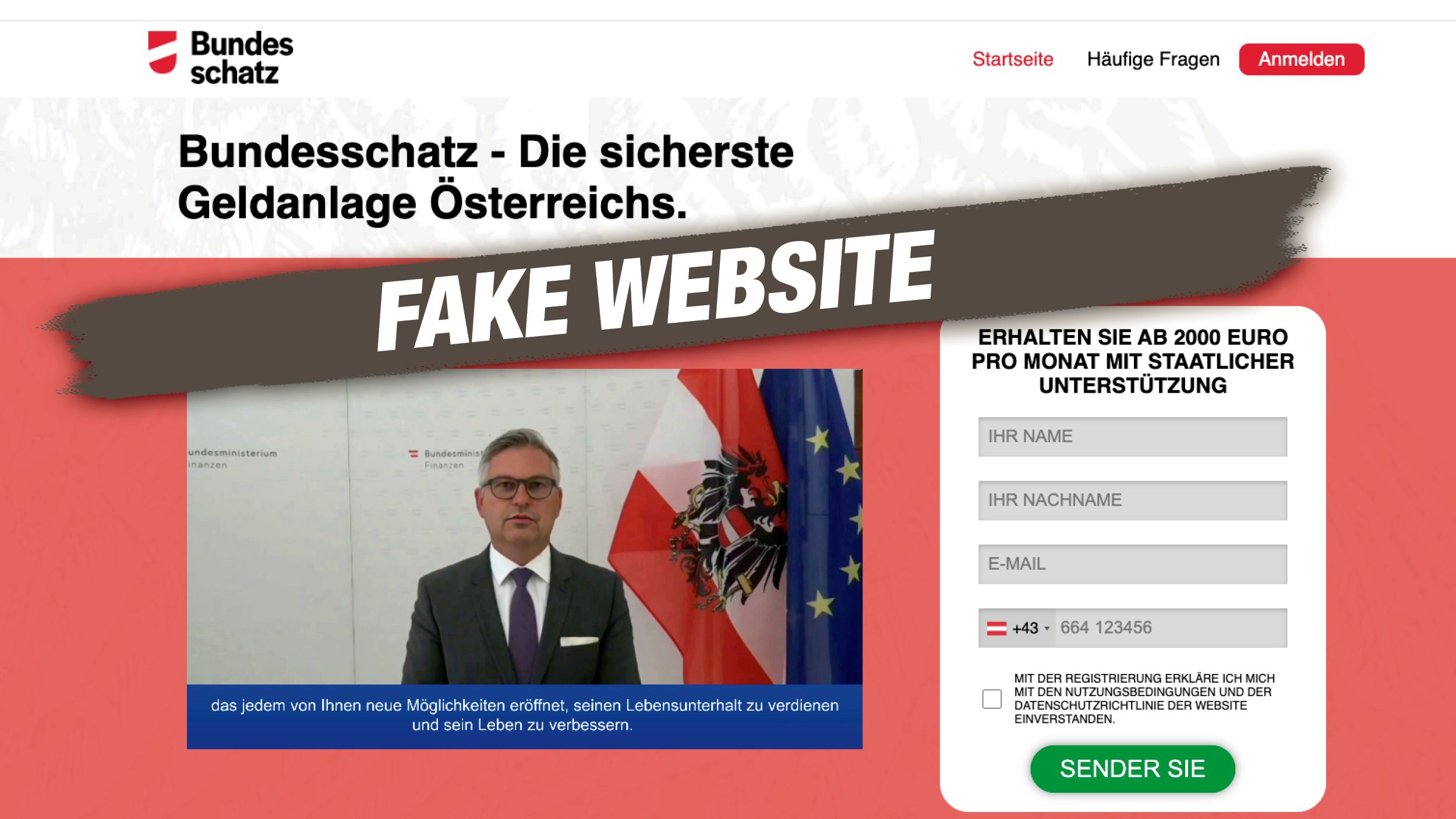Achtung Fake! Die betrügerische Seite puotsovf.com sieht dem Original bundesschatz.at zum Verwechseln ähnlich.