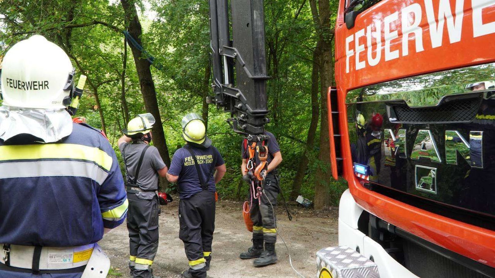 Der Baum drohte auf ein Gebäude zu stürzen. Die Feuerwehren Maria Anzbach und Neulengbach trugen ihn zur Sicherheit ab