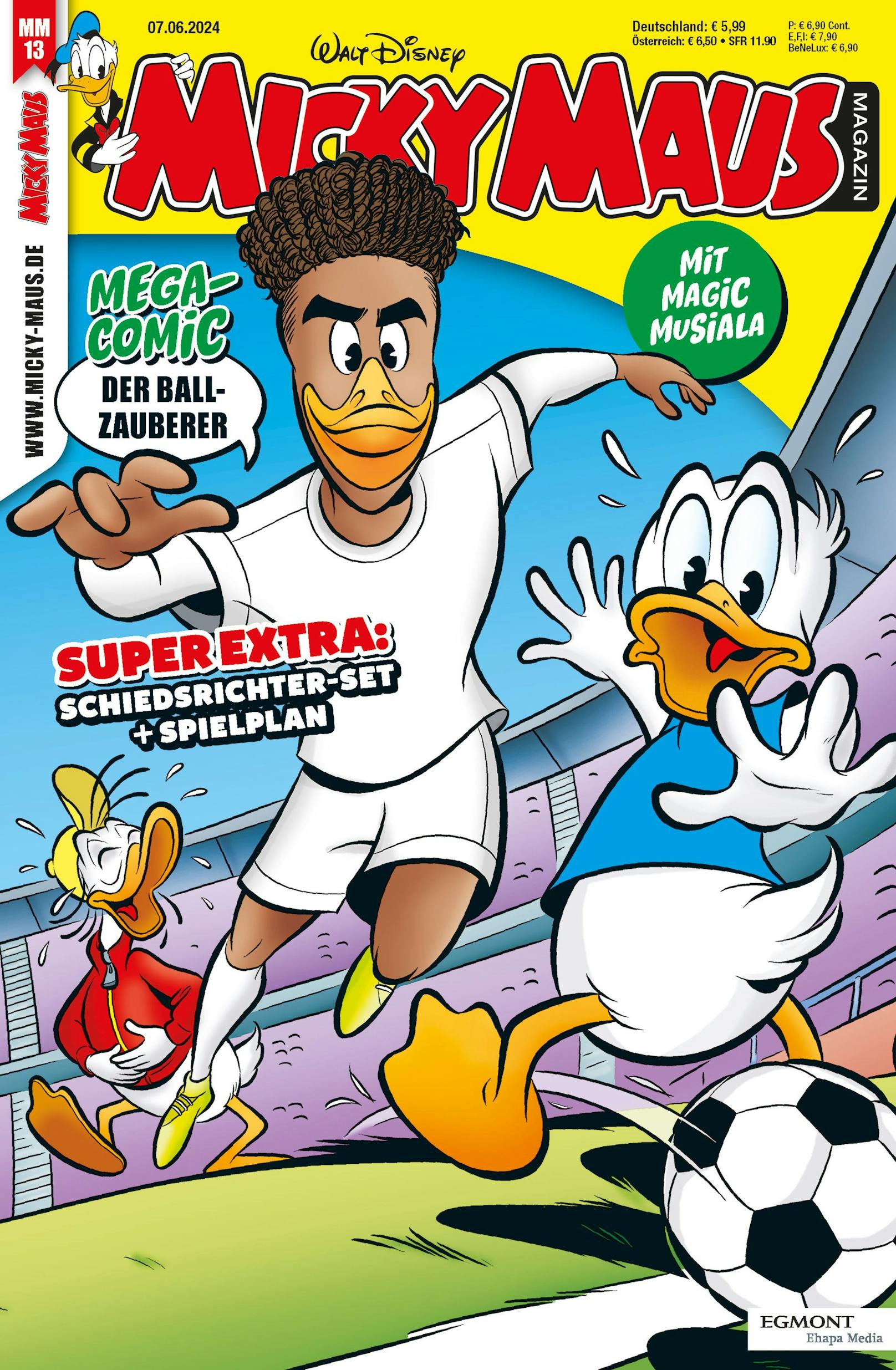 Die Micky Maus Nr. 13/24 mit Jamal alias Magic Musiala am Ball erscheint in einer Fußball-Highlight-Ausgabe der Micky Maus, welche ab dem 7. Juni 2024 im Handel erhältlich ist.