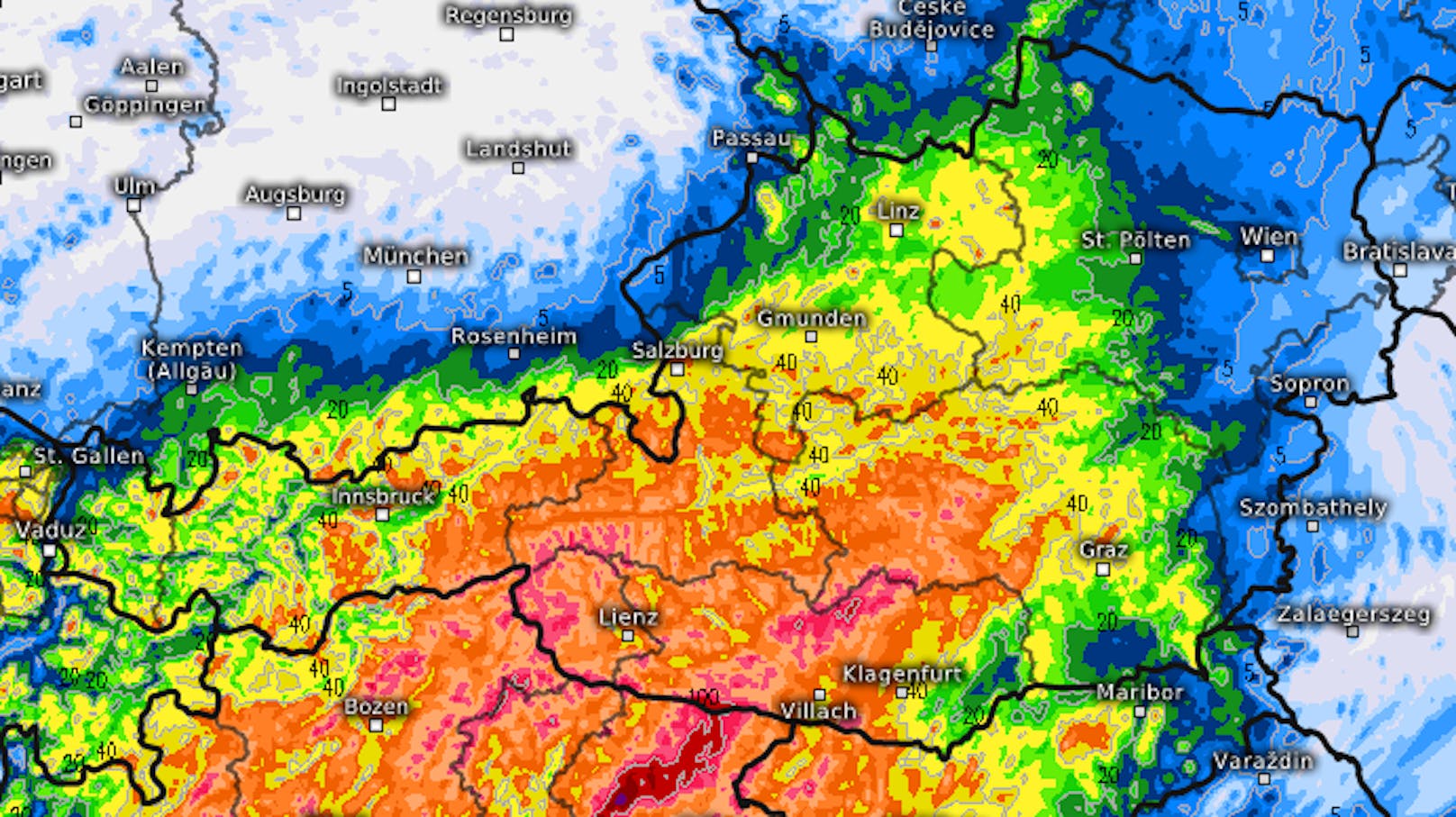 Akkumulierte Niederschlagsmenge bis Donnerstag, 13. Juni, 20 Uhr.