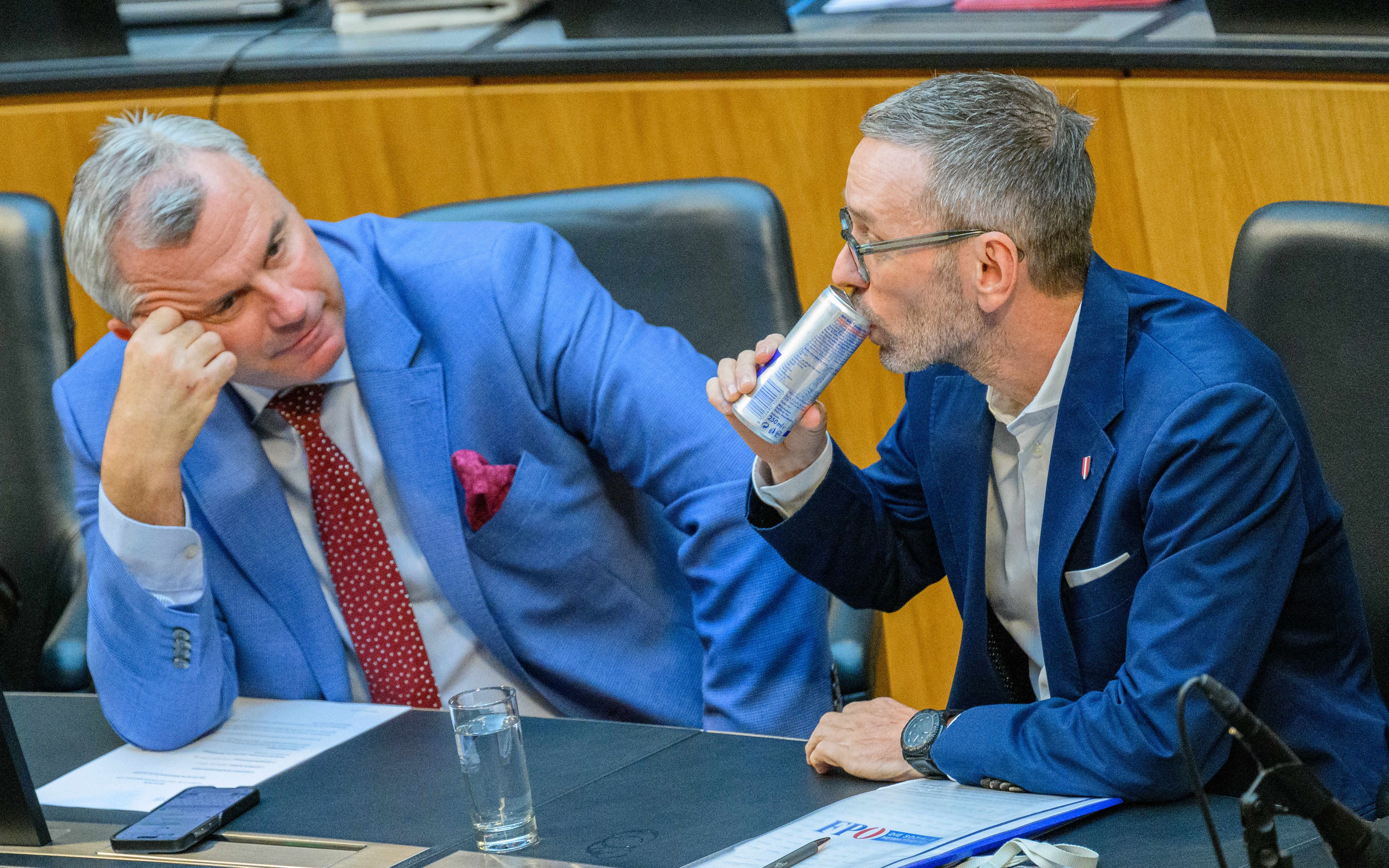 Dritter Präsident des Nationalrats Norbert Hofer neben Parteichef Herbert Kickl. In aktuellen Umfragen zur Nationalratswahl ist ihre FPÖ vorne.