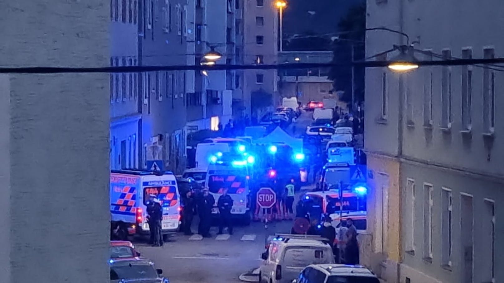 Am Dienstagabend fielen in der Schwaigergasse in Floridsdorf Schüsse. Ein Polizist schoss auf einen Angreifer, auch eine Frauenleiche wurde entdeckt.