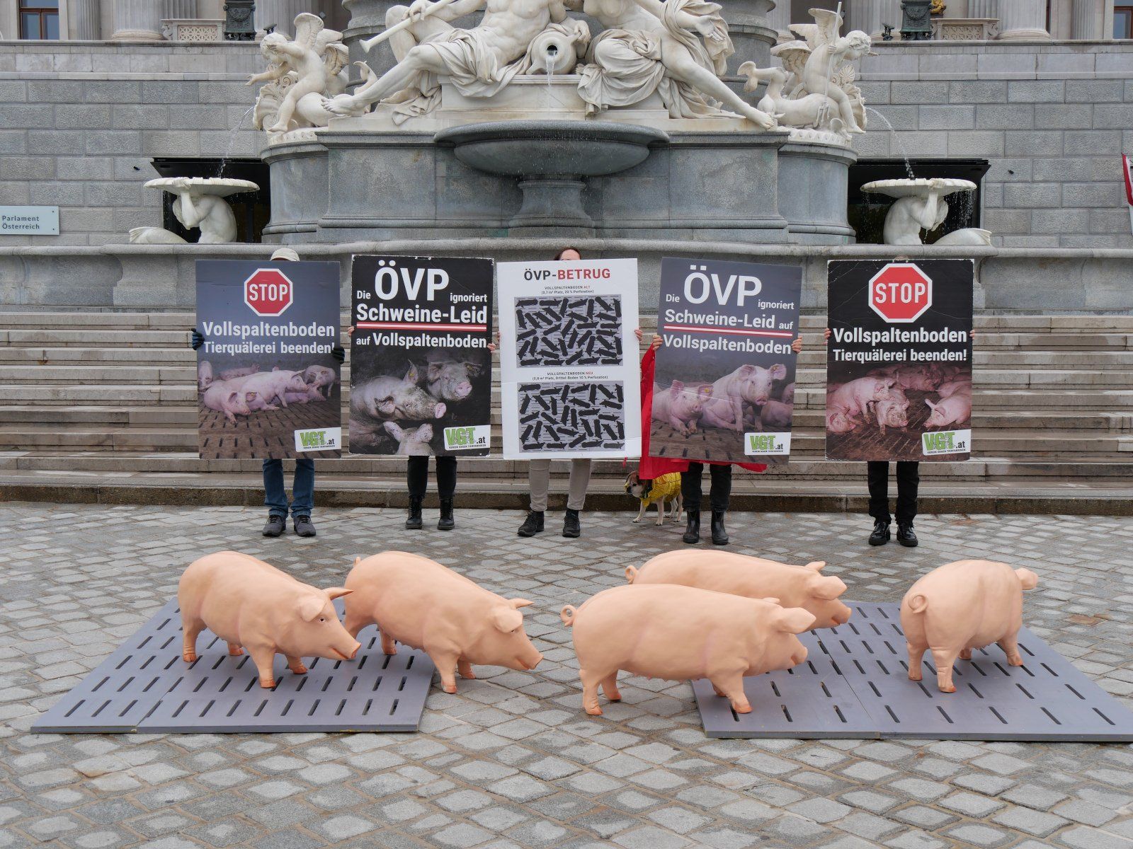 Protest des Vereins gegen Tierfabriken am Mittwochvormittag vor dem Hohen Haus: Vergleich der Vollspaltenböden.