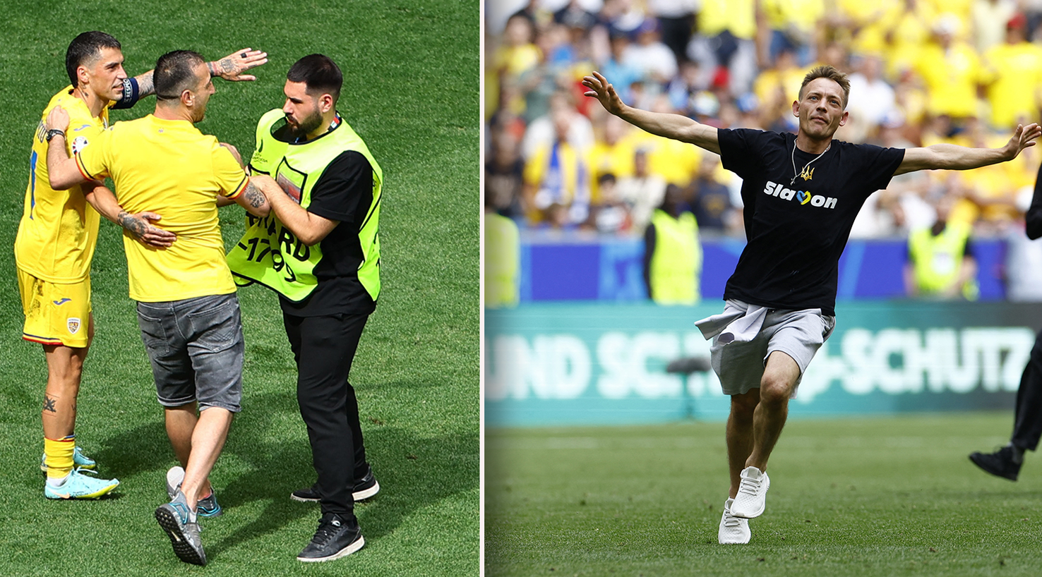 Zwei Flitzer stürmten beim Duell Rumänien gegen Ukraine auf das Feld. 