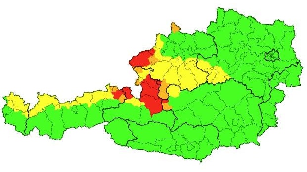 Die aktuellen Unwetterwarnungen für Österreich. 