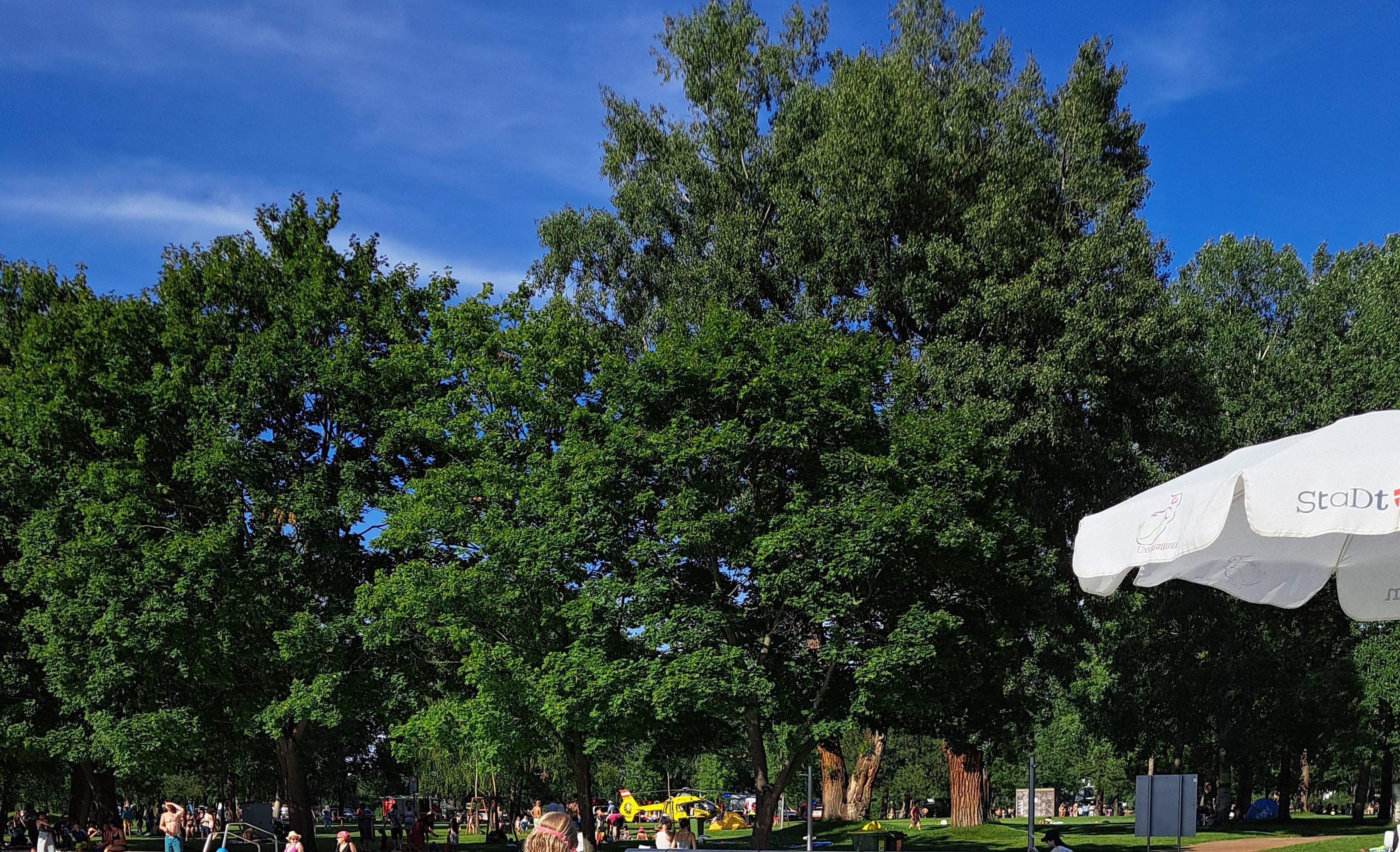 Aufregung im Gänsehäufel: Ein Notarzthubschrauber landete am Dienstag mitten im Strandbad.