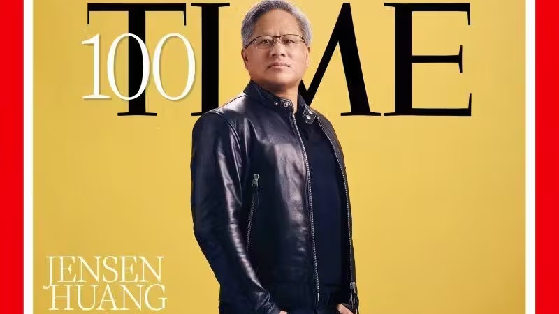 Die schwarze Lederjacke als Markenzeichen: Nvidia-Chef Huang am Cover des "Time Magazine".