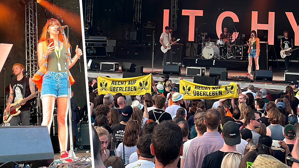 Aktivisten der Letzten Generation bei einem Publikumsappell von der Bühne der Band 