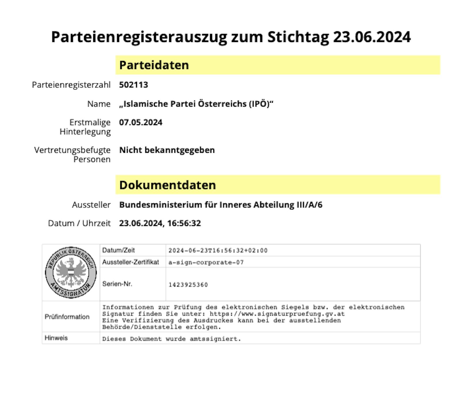 Neue "Islamische Partei Österreich" gegründet, im Bild der Parteienregisterauszug
