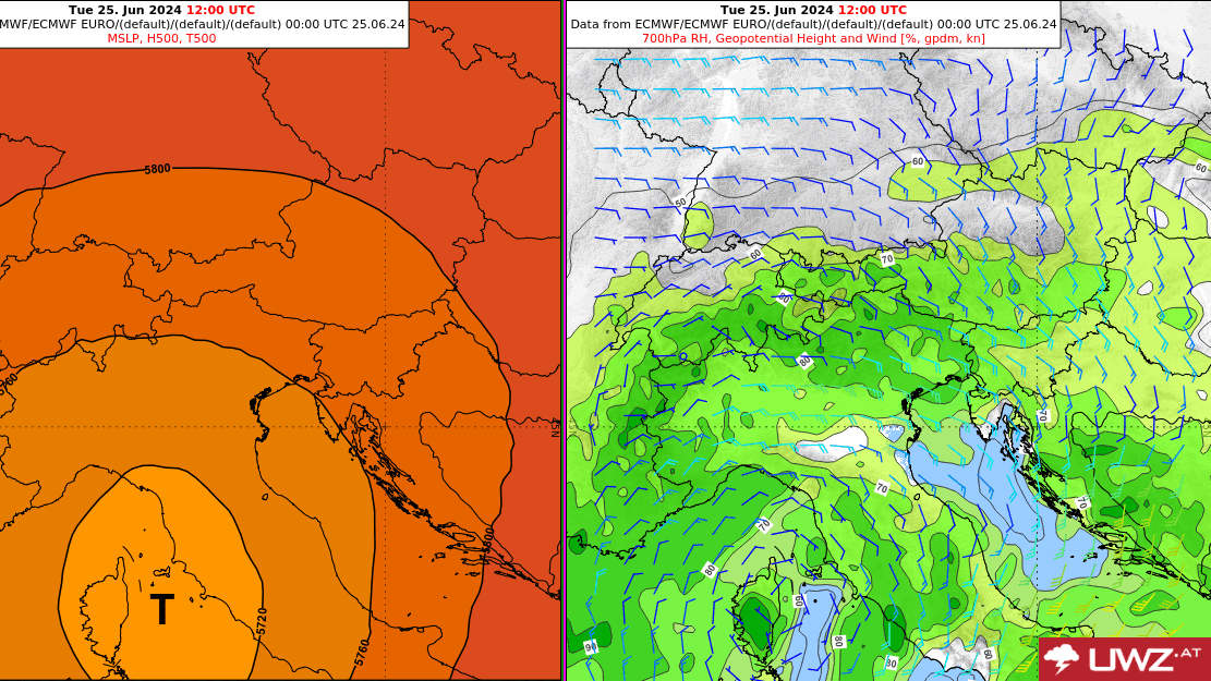 Von Dienstag auf Mittwoch zieht aus Süden ein Höhentief auf, dabei gelangt mit einer südöstlichen Strömung feuchtwarme Luft ins Land.