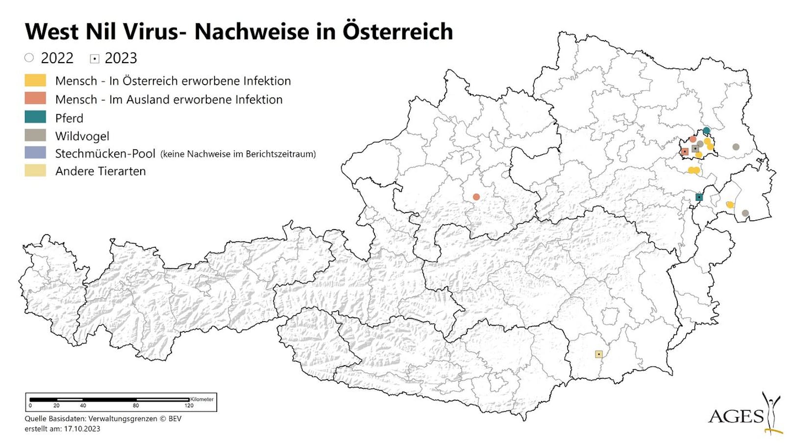 Für jede in Österreich erworbene Infektion beim Menschen wird der wahrscheinliche Ort der Ansteckung auf der Karte angezeigt. Für jede im Ausland erworbene Infektion beim Menschen wird der Wohnbezirk angezeigt.