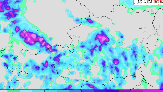 Laut dem aktuellen ICON-D2-Modell liegt der Schwerpunkt in der ersten Tageshälfte im Osten und am Nachmittag dann im Bergland.