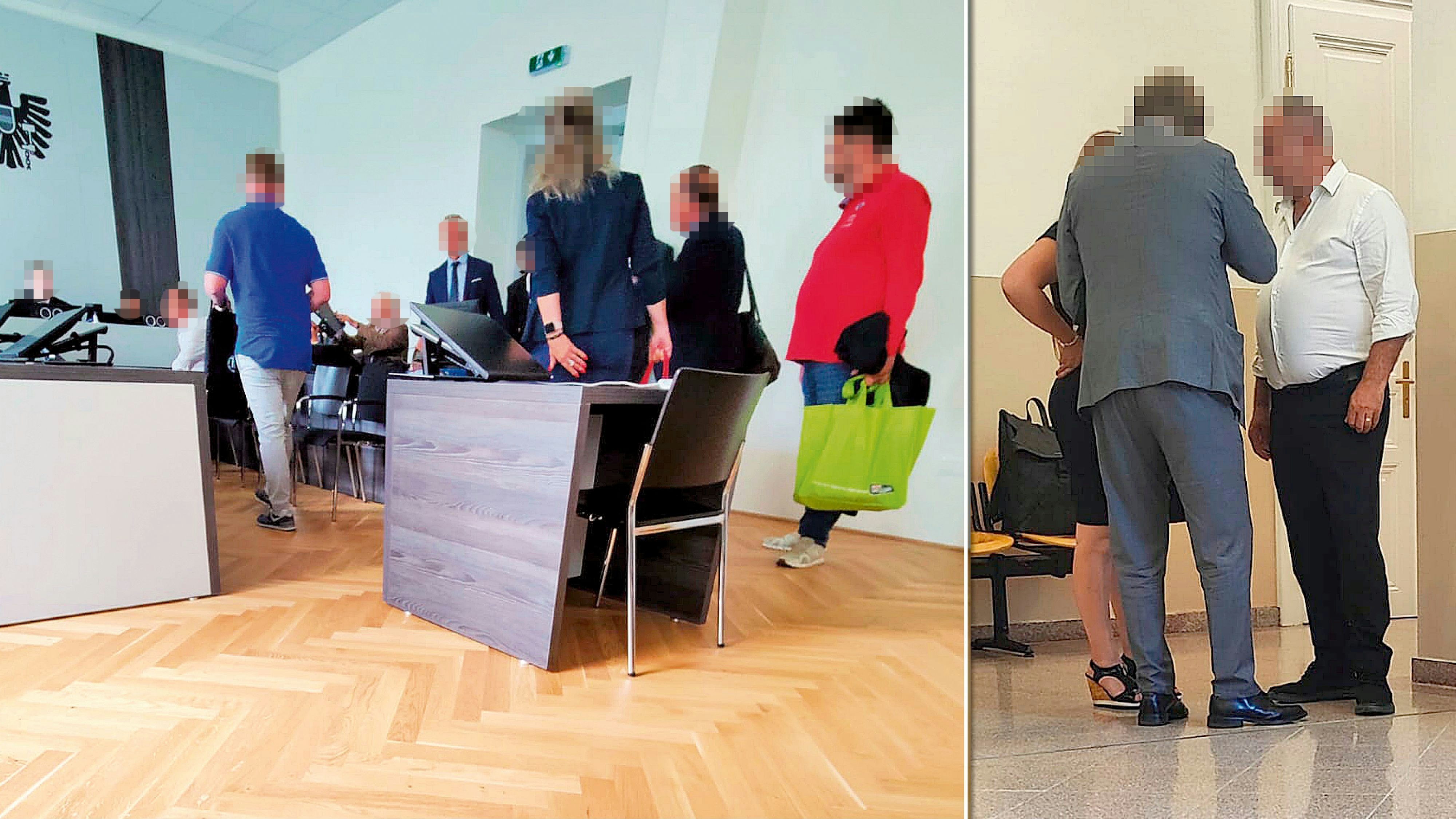 Erstangeklagter 51-Jähriger (weißes Hemd, r.); l.: mehrere Angeklagte bei Prozess