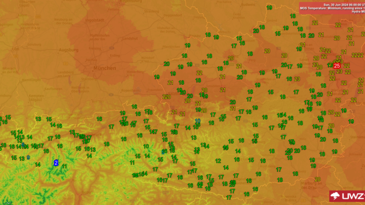 Prognose der Tiefstwerte in der Nacht auf Sonntag.
