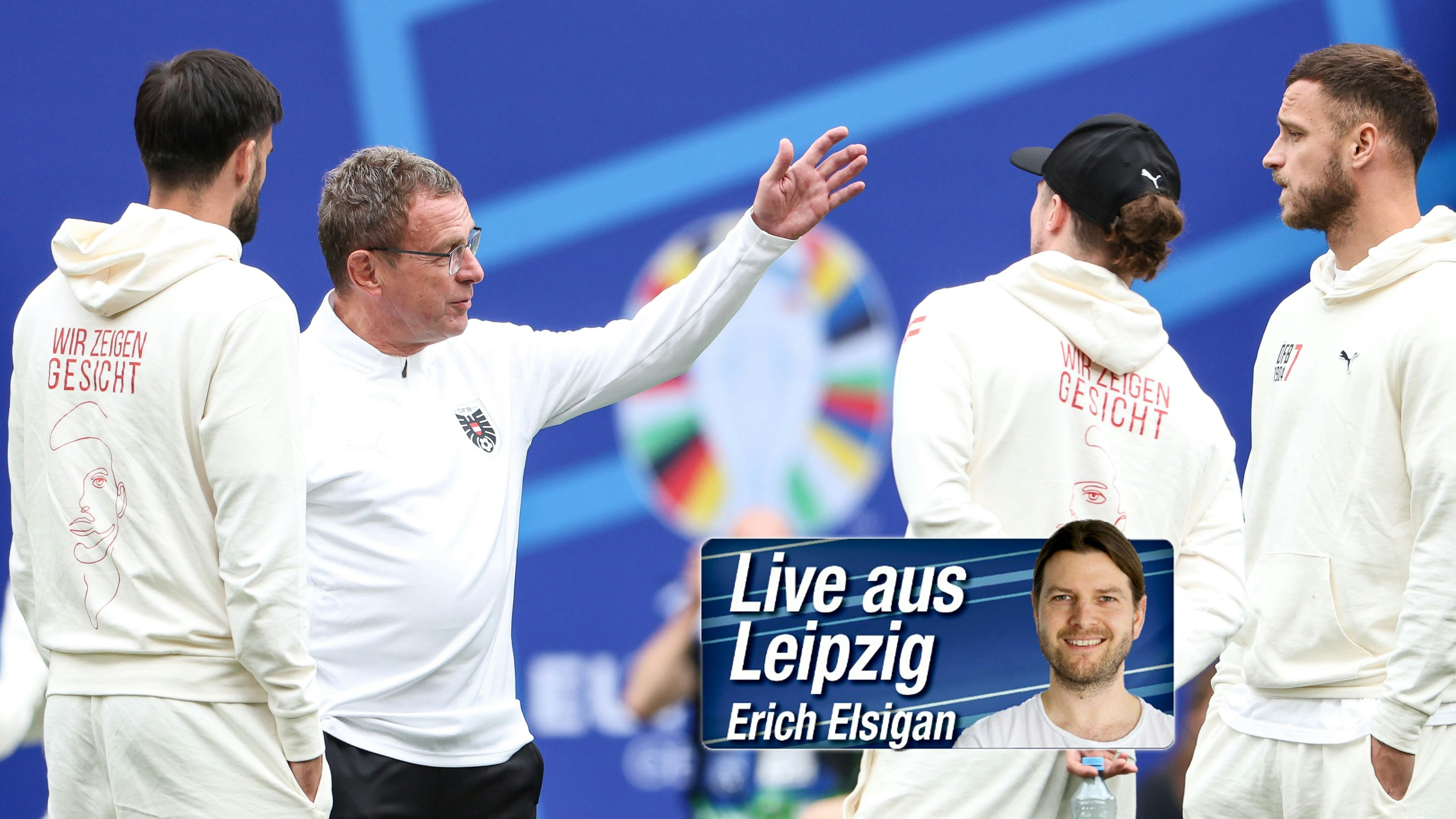 Teamchef Rangnick mit den ÖFB-Stars Grillitsch, Sabitzer und Arnautovic auf dem Leipziger EM-Rasen.