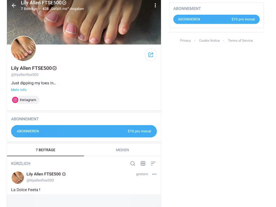 Für zehn US-Dollar im Monat zeigt dir Lily Allen ihre Füße.