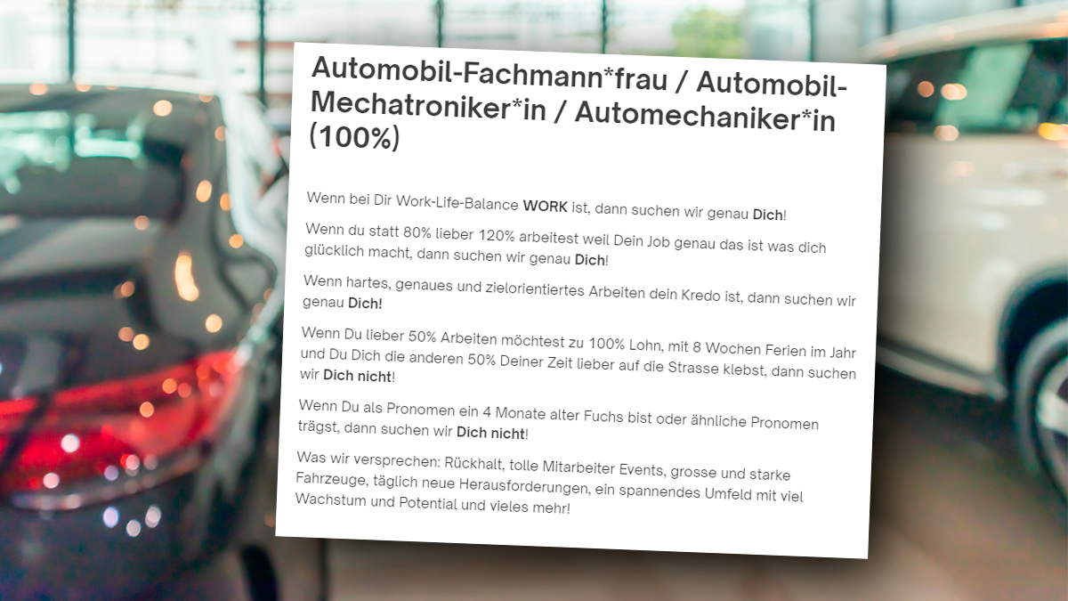 Diskriminierendes Stelleninserat: Ein Autohaus erklärt in harten Worten, wen es NICHT sucht.