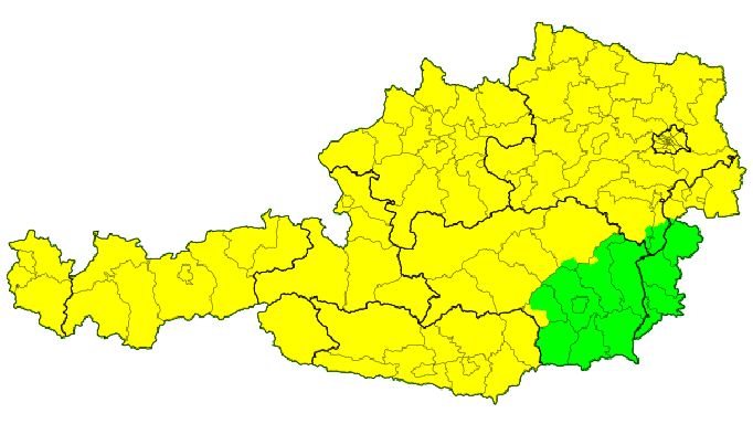 Gewitter und Hagel: Beinahe im ganzen Land wurden schon gegen 7 Uhr früh Vorwarnungen (gelb) ausgegeben.