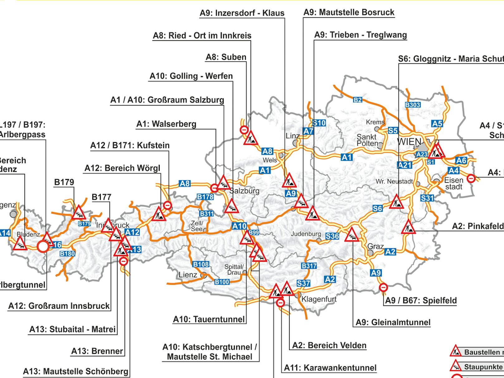 Die Stau-Hotspots im Sommer 2024. Hier rechnen die ÖAMTC-Verkehrsexperten mit Verzögerungen. 