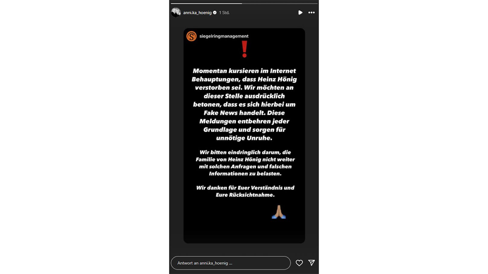 Auf Instagram teilen Hoenigs Management und seine Frau ein Statement.